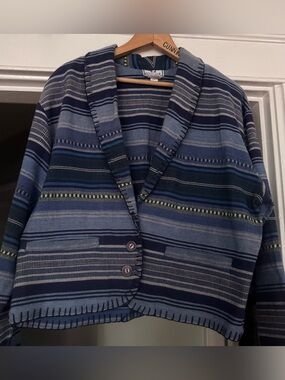 Vintage  62 east tribal western blue white woven Aztec striped jacket size large